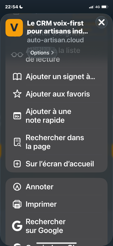 Menu de partage iOS ouvert. L'option « Sur l'écran d'accueil » se trouve dans la liste, sous les options de signets.