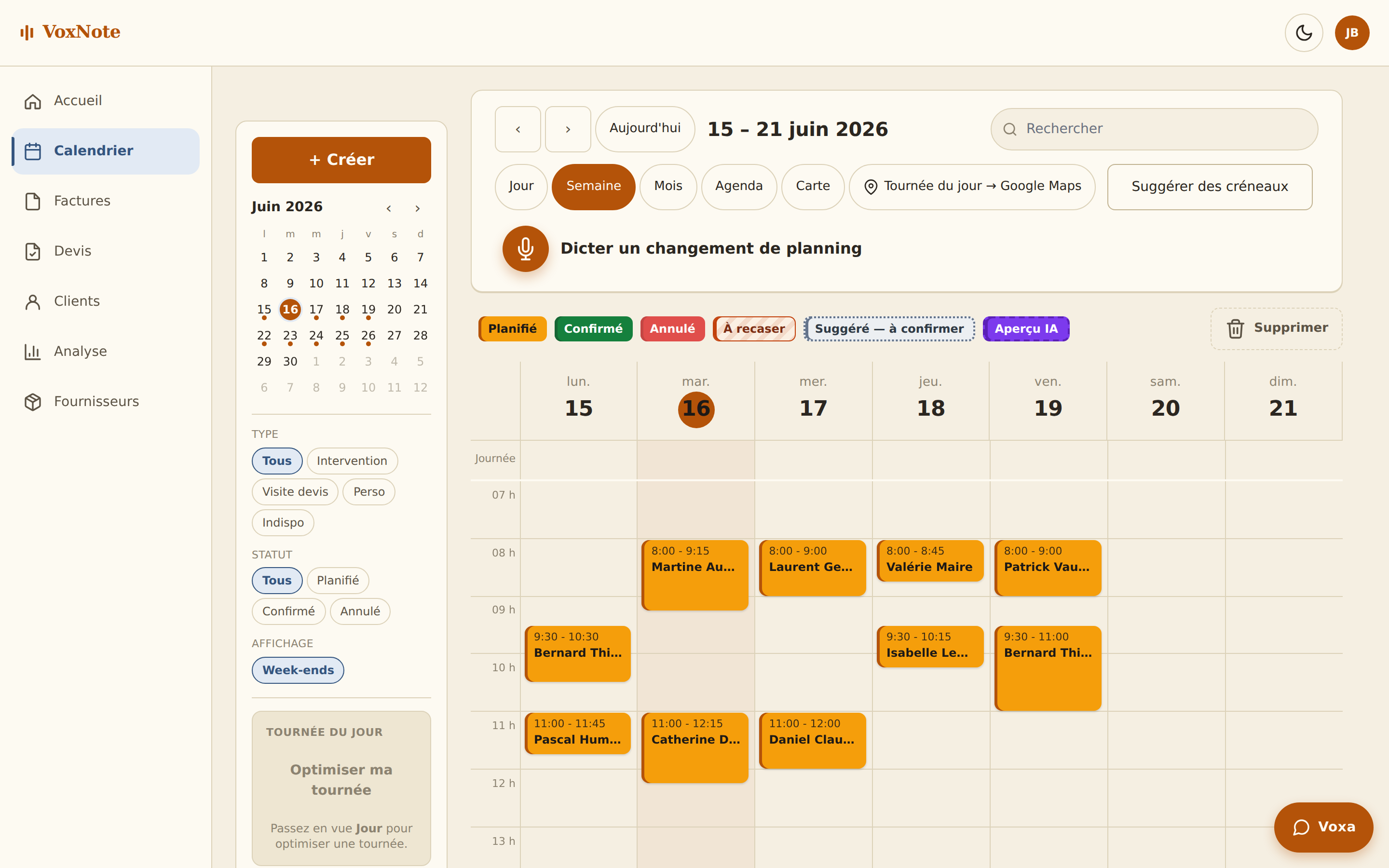 VoxNote — calendrier de la semaine, rendez-vous colorés par statut