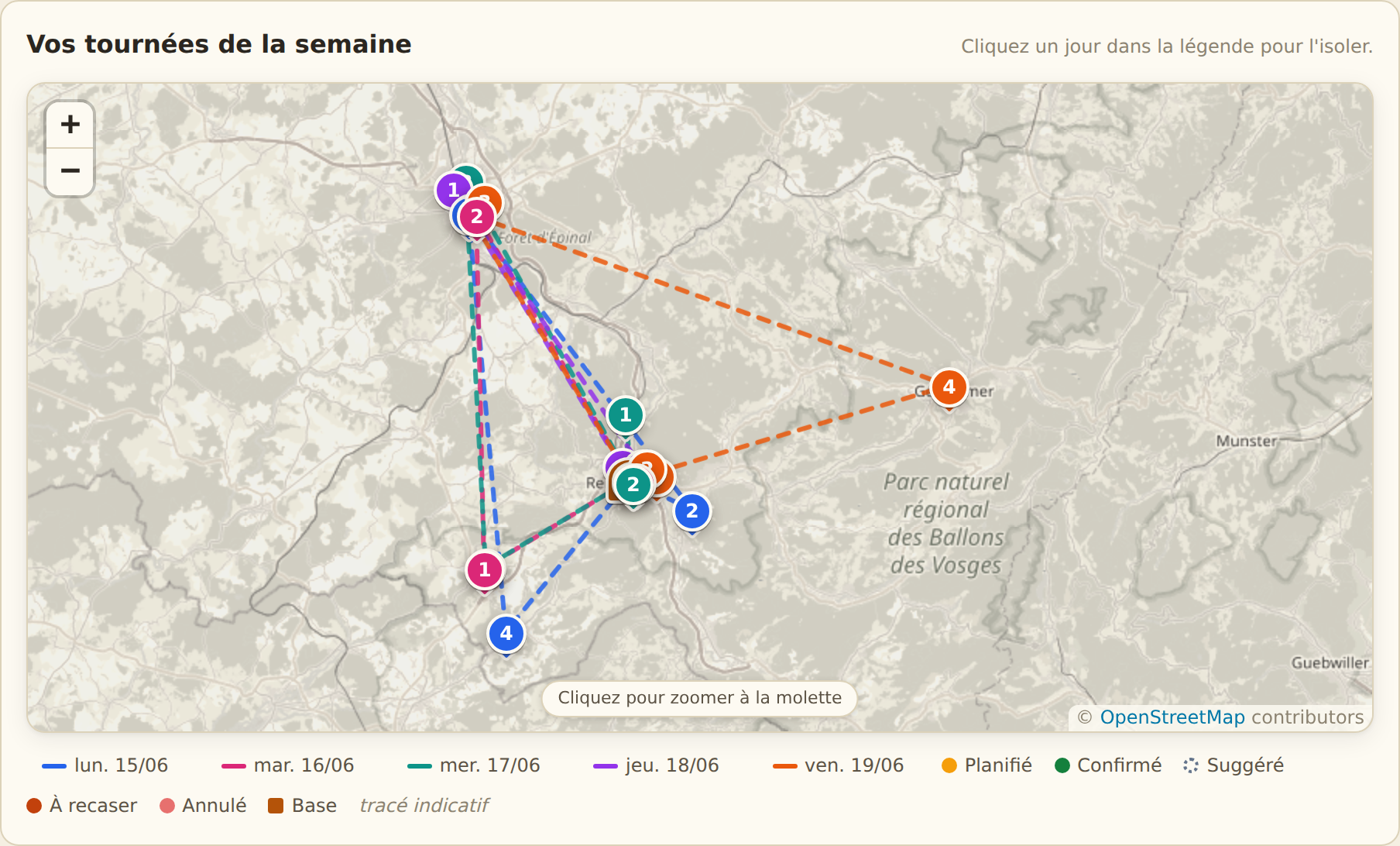 VoxNote — carte de tournée optimisée : itinéraire numéroté par jour et point de départ